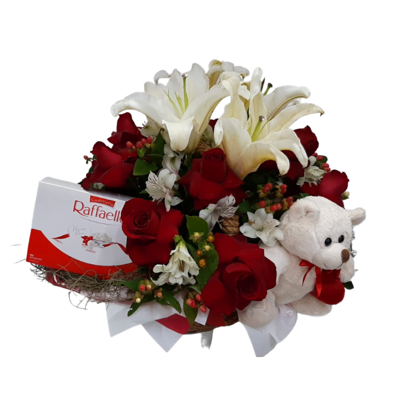 ABELAFLORES (5) Cesta Especial com Rosas, Lírios, Pelúcia e Raffaello
