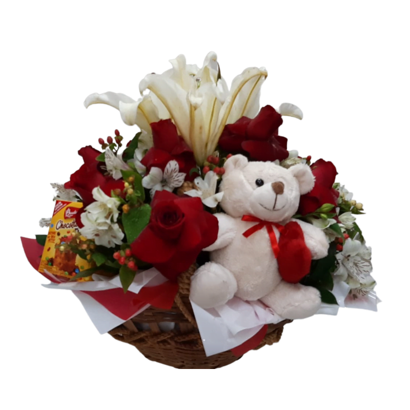 ABELAFLORES (6) Linda e luxuosa Cesta Especial com Pelúcia, Rosas, Lírios e Chocotone. Torne o dia de alguém inesquecível com esse presente!