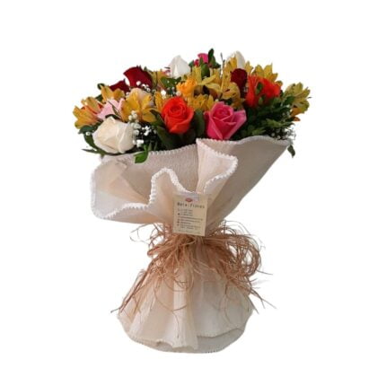 Buquê 24 Rosas Coloridas e Alstroeméria