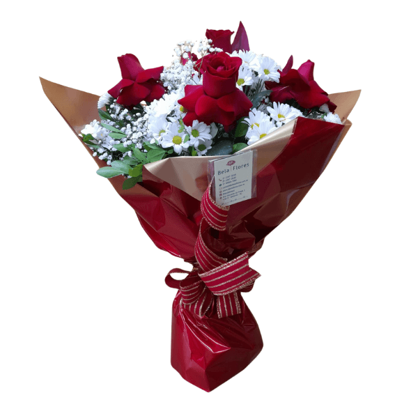Buquê Alegria de Natal: Rosas Vermelhas, Buquê Alegria de Natal: Rosas Vermelhas, Margaridinhas e Chuva-de-Prata
