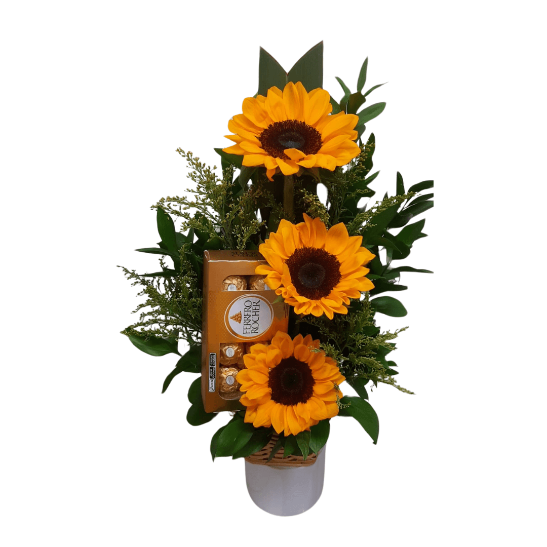 Arranjo de Girassol com Bombom Arranjo de Girassol com Bombom