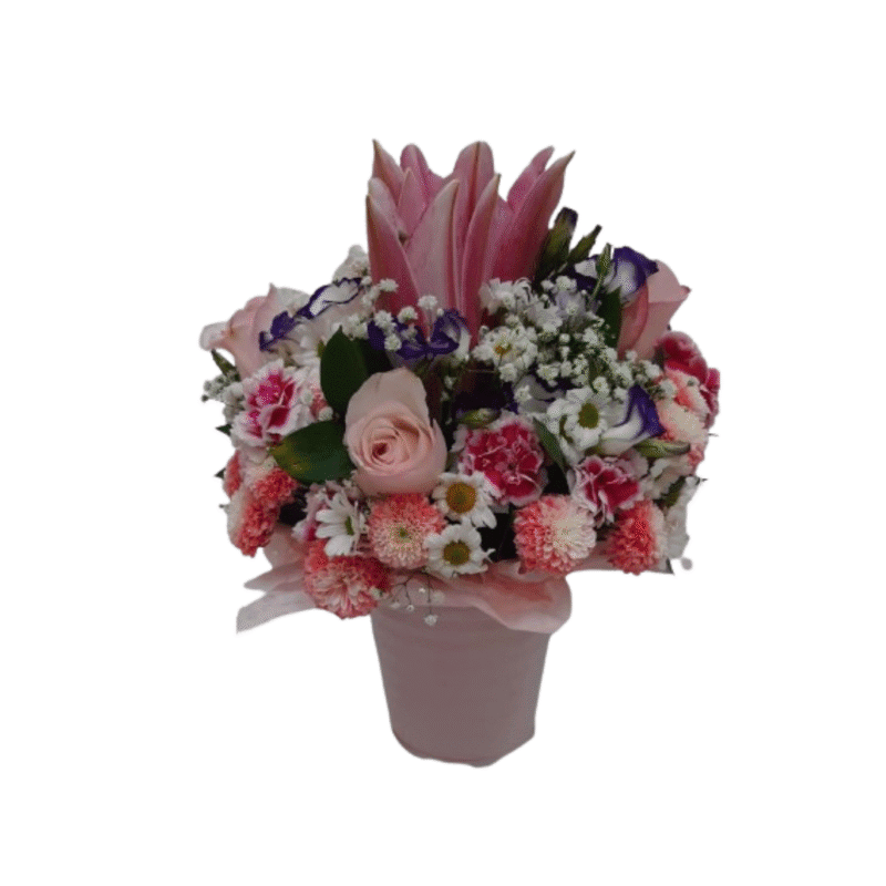 Arranjo Beleza com Lírios , Rosas Cravina, Margaridinha e Chuva de prata